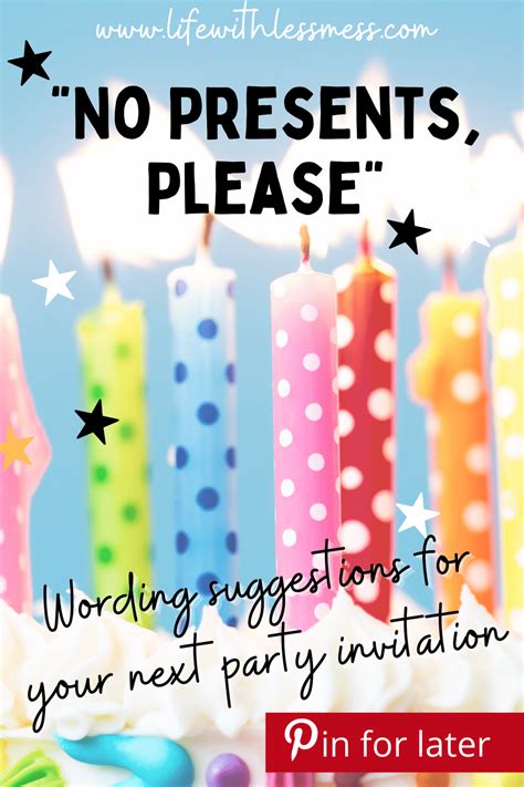 birthday invitation wording no gifts|no gifts necessary wording.